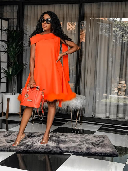 orange dress with fur Long Orange Sequin Prom Dress with Feathers