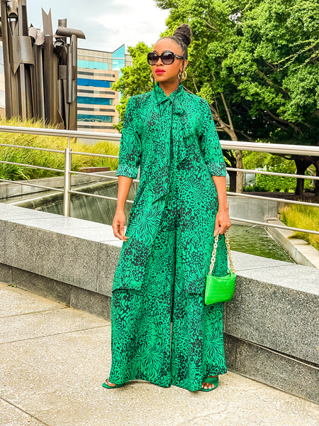 Leopard Print Wide Leg Green & Black Pants